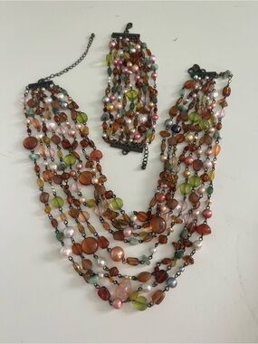 Retired Lia Sophia Beaumont Multicolor Beaded Layered Necklace and Bracelet Set